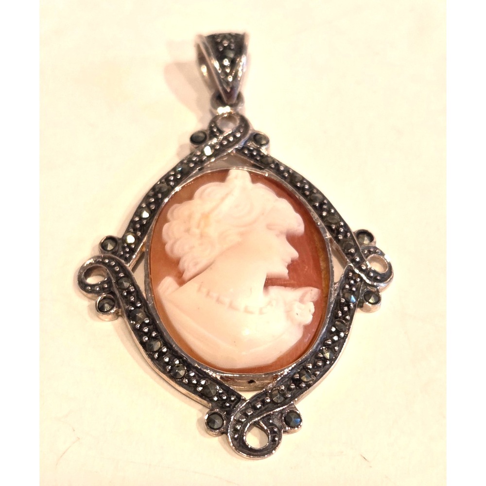 Vintage Sterling Silver Marcasite Shell Cameo Pendant – Hand Carved Lady Profile